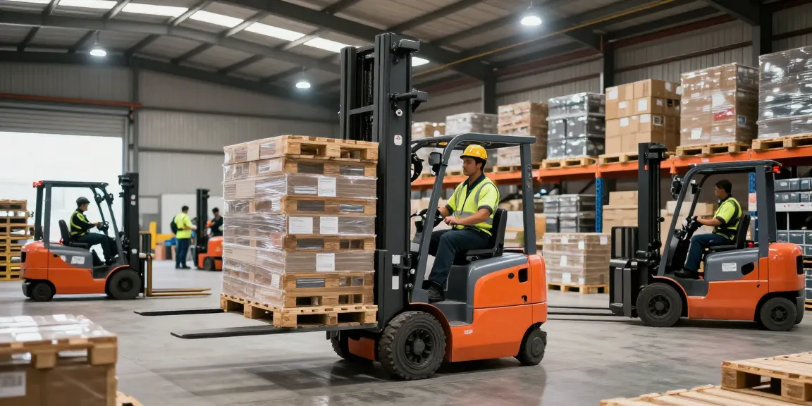Electric form stacker lifting heavy goods in a modern warehouse, showcasing efficiency and safety.